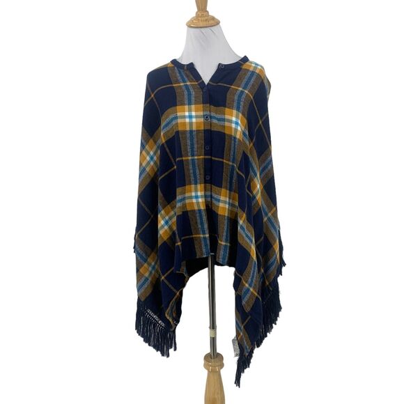 Volcom Poncho Womens XS/S Navy Plaid Cotton Button Front Tassel Fringe Trimmed - Picture 1 of 11
